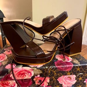 Brown square toe platform tie-up wrap around sandals with statement block heel